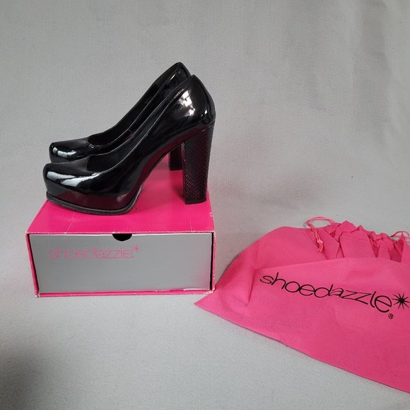 ShoeDazzle Womens Size 10 Black Block Heel Animal Print Patent Leather Pumps - Picture 1 of 7